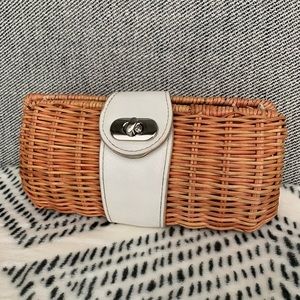 Rattan Woven Wicker Straw Clutch w/ White Leather